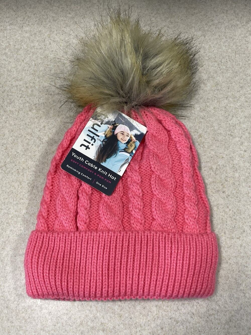 New -TRULFIT Youth Cable Knit Hat Soft Comfort W/Pom Pom One Size Pink -Outdoor